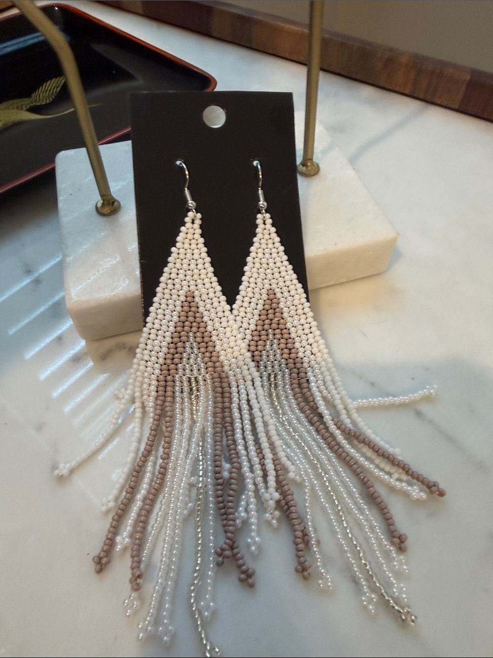 Beaded Fringe Drop Earrings - White & Tan
